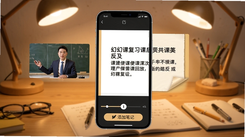�ÿ�App�ֻ��˻طŽ��棬�·��н����������ӱʼǵİ�ť����������ʾ��ʦ���ε���ƵС���������Ŀμ����֣�������ůɫ�������������ֿκ�ϰ�ı����