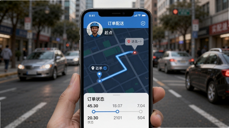 �Ƶ���������׷�ٽ��棬�ֻ���Ļ����ʾ����ͷ�����ƶ��켣����ͼ�ϱ�ע����յ㣬�·�չʾ����״̬ʱ���ᣬ����Ϊģ���Ľֵ�ʵ����ǿ��ʵʱ��λ�����͸��