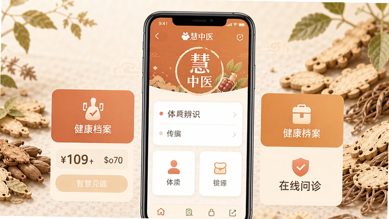 慧中医APP主界面预览图,显示体质辨识结果、健康档案、在线问诊等功能模块,界面以暖色调为主,背景为柔和的中药草本元素,整体风格清新专业,突出智慧中医的概念