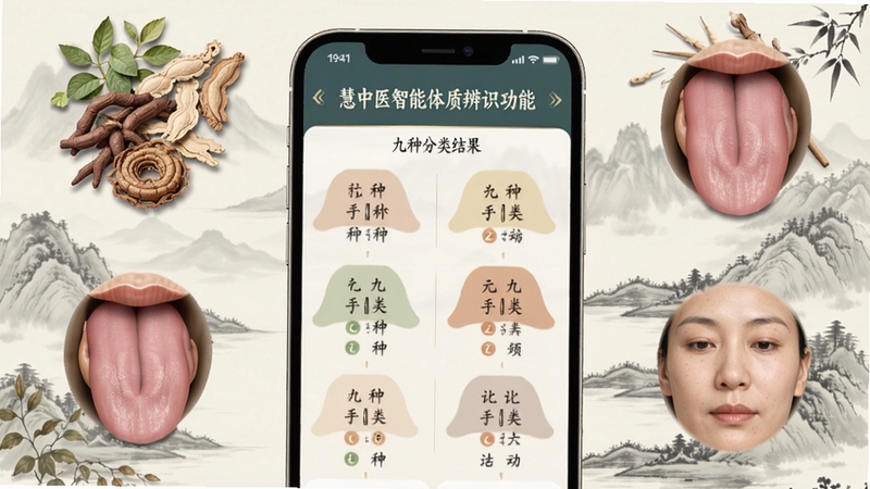 慧中医智能体质辨识功能预览图,手机屏幕上显示九种体质分类结果,周围环绕中草药、舌象、面色等元素,背景为淡雅的水墨山水画风格,色彩柔和,突出中医传统韵味