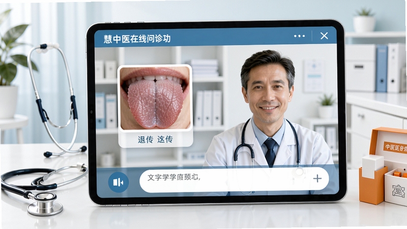 慧中医在线问诊功能界面预览图,展示医生与患者的视频对话窗口,屏幕上有舌苔照片上传入口和文字输入框,背景为现代简洁的医疗风格,搭配听诊器、药盒等元素,体现专业便捷的远程医疗服务