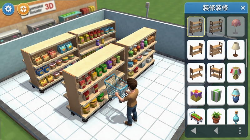 My Supermarket Simulator 3D 超市装修布局画面,玩家正在拖拽货架调整位置,界面显示装修菜单,右侧有各种货架和装饰品图标,地面网格清晰,整体视角为俯视,色调明亮,3D建模精细,展现自由DIY的乐趣