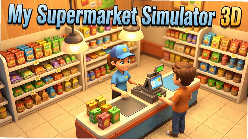 My Supermarket Simulator 3D 游戏主界面预览图,画面展示一个明亮整洁的3D超市内部,货架整齐排列,商品琳琅满目,一名店员正在收银台为顾客结账,暖色调灯光,视角为45度俯视,整体风格卡通写实,细节丰富,色彩鲜艳,适合作为游戏封面展示