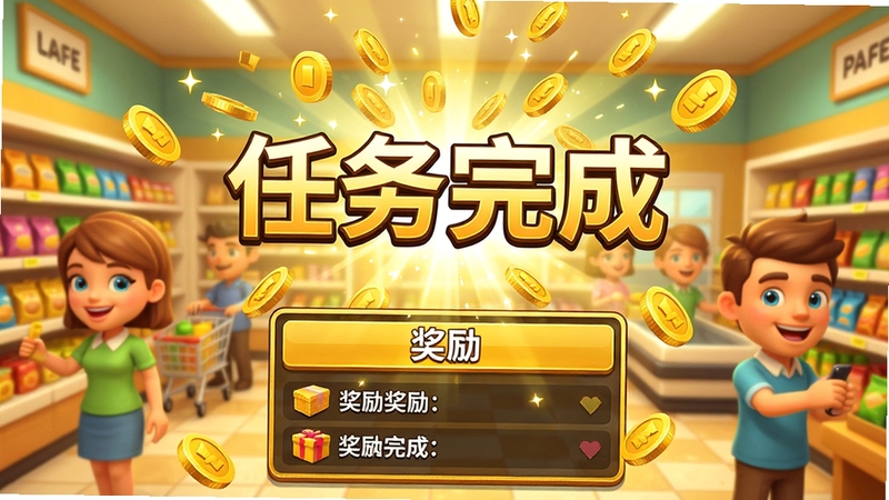 My Supermarket Simulator 3D 任务完成庆祝画面,屏幕中央显示“任务完成”字样,金币洒落特效,下方是奖励列表,背景是欢乐的超市场景,顾客面带微笑,色彩金黄明亮,充满成就感