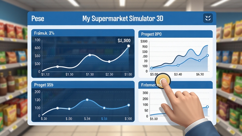 My Supermarket Simulator 3D 商品管理界面,屏幕上显示各类商品的价格曲线和库存数量,玩家正在点击某个商品调整价格,背景是模糊的超市货架,界面UI简洁,数据图表清晰,色调以蓝白为主,体现策略经营的深度