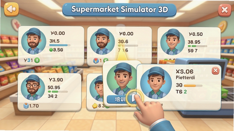 My Supermarket Simulator 3D 员工管理界面,画面显示多个员工头像和属性数值,玩家正在点击一名员工进行培训,背景是超市内部,界面风格卡通,信息条理清晰,色调柔和,突出团队管理玩法