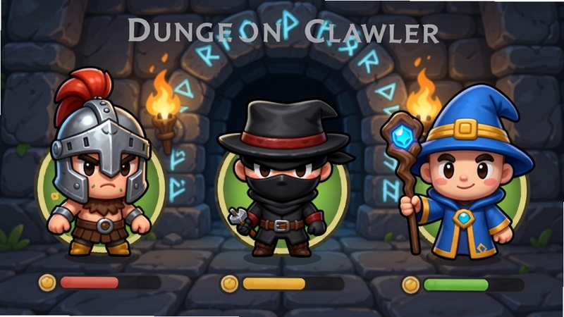 Dungeon Clawler��ɫѡ����棬����չʾ����Q���ɫͷ�񣬷ֱ���һ����ͷ����սʿ��һ������ĵ�����һ���ֳַ��ȵķ�ʦ��ÿ����ɫ�·��м򵥵��������������ǵ�����ڣ�ʯ���Ͽ������صķ��ģ�������������ͨ��
