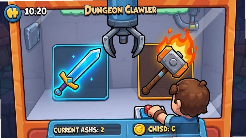 ��Ϸ��ͼ��չʾDungeon Clawler��һ����ɫ���ڲ���ץ���޻��������ڲ������Ų�ͬƷ�ʵ�����������һ�ѷ������ɫ������һ��ð�Ż���Ĵ��ӡ������·���ʾ��ǰץȡ�����ͽ��������UI��Ƽ�����죬ͻ����ͨ���