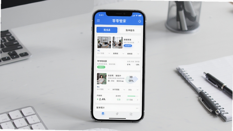 零零管家软件主界面预览图,展示房源列表、租客信息、账单统计等核心模块,界面以蓝色和白色为主色调,现代简约风格,手机屏幕居中显示,背景为浅灰色工作桌面,整体画面清晰明亮,突出软件实用性与专业性。