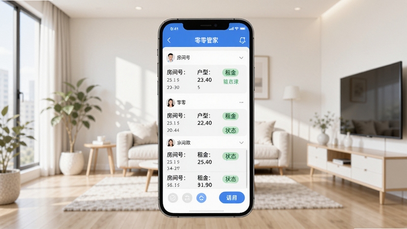 零零管家房源管理功能示意图,画面展示手机端房源列表界面,包含房间号、户型、租金、状态标签等元素,背景为明亮简洁的室内场景,突出软件的数据展示能力与易用性。