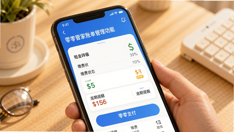 零零管家账单管理功能预览,界面显示租金明细、缴费状态、逾期提醒等元素,背景为手机支付场景,色调温暖明亮,强调软件的智能化提醒与便捷支付特性。