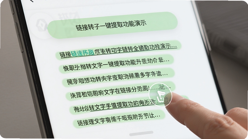 链接转文字一键提取功能演示,手指点击提取按钮,链接转化为文字列表,界面流畅,配以淡绿色高亮效果,突出快速与便捷