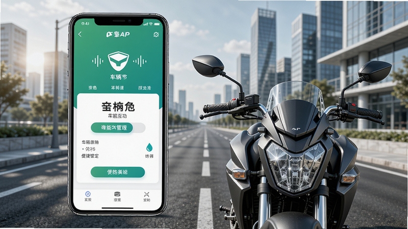 我的豪爵APP主界面展示,背景为现代城市道路,前景一辆豪爵摩托车,手机屏幕显示车辆绑定成功界面,整体风格明亮清新,突出智能互联与便捷管理,画面比例为16:9,高清渲染图