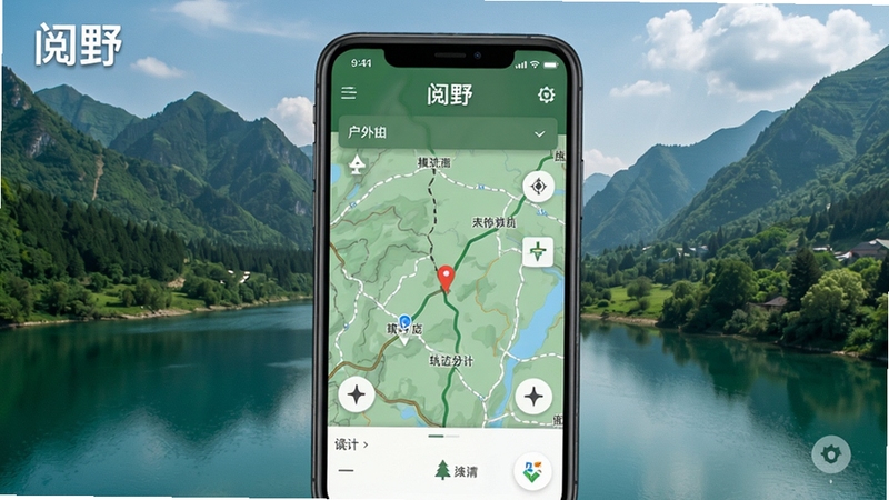 阅野应用主界面预览图,展示户外地图导航与轨迹记录核心功能,背景为青山绿水,界面简洁清晰,突出软件名称“阅野”