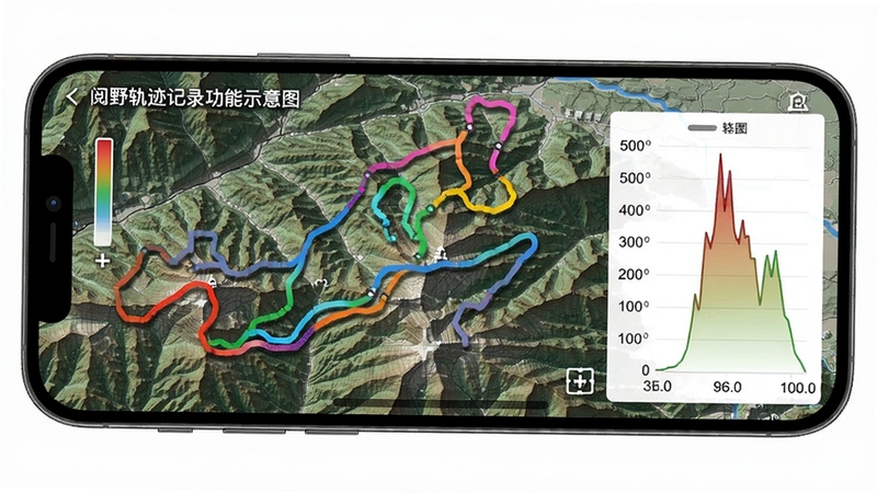 阅野轨迹记录功能示意图,手机屏幕上显示彩色运动轨迹线条,背景为真实山脉地形图,包含海拔数据图表,画面清晰专业