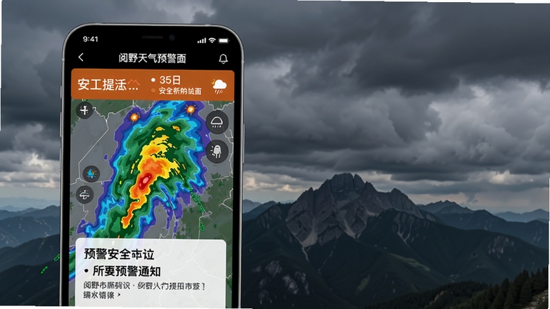阅野天气预警界面,背景为阴云密布的山峰,手机界面显示降雨雷达图和预警通知,色彩对比鲜明,突出安全提示功能