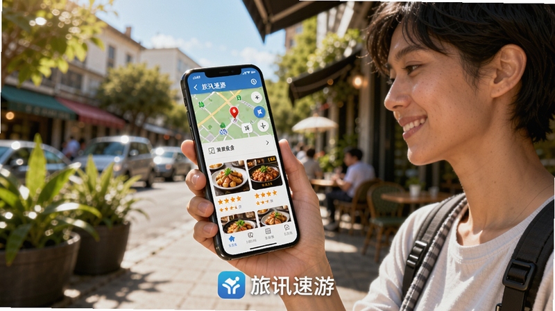 一幅描绘用户拿着手机在户外使用旅讯速游查找周边美食的场景图,手机屏幕上显示着清晰的地图与餐厅评分卡片,背景是阳光明媚的街道与绿色植被,画面色彩明亮,充满生活气息,用户表情满意,突显了软件在真实场景中的实用性与便利性,画面下方有“旅讯速游”的标识。