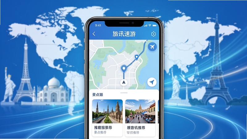 一张展示旅讯速游APP核心界面的概念图,画面中央是一部智能手机,屏幕内显示着风格清新的地图导航界面与景点推荐卡片,背景是虚化的世界地标轮廓与流动的光影线条,整体色调以蓝色和白色为主,传达出可靠、智能、便捷的出行服务感,画面构图聚焦手机屏幕,细节丰富,适合作为软件介绍的首图。