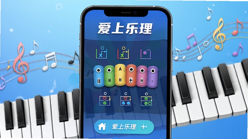 一款名为爱上乐理的手机应用界面展示,屏幕中央显示彩色音阶与和弦图示,背景有钢琴键盘与音符元素,整体风格明亮活泼,突出音乐学习氛围,画面主体为应用操作界面,背景为柔和渐变蓝色调