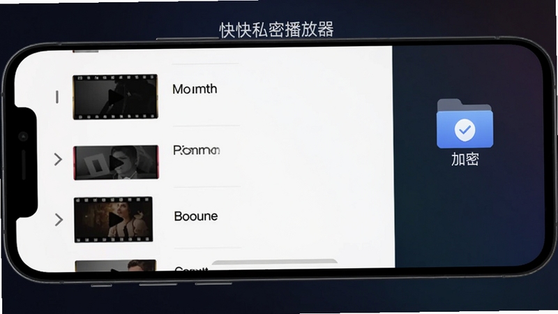 快快私密播放器主界面预览图,手机屏幕显示简洁的视频列表和加密文件夹图标,背景为深色渐变,画面主体居中,突出软件名称“快快私密播放器”,整体风格现代、安全、可靠,适配Boogu模型生成