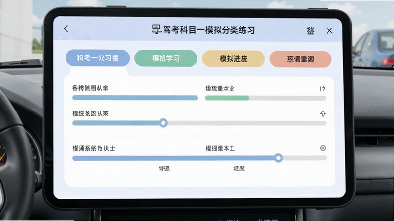 驾考科目一模拟分类练习界面,显示各类别标签和进度条,色彩柔和,布局清晰,体现系统化学习体验