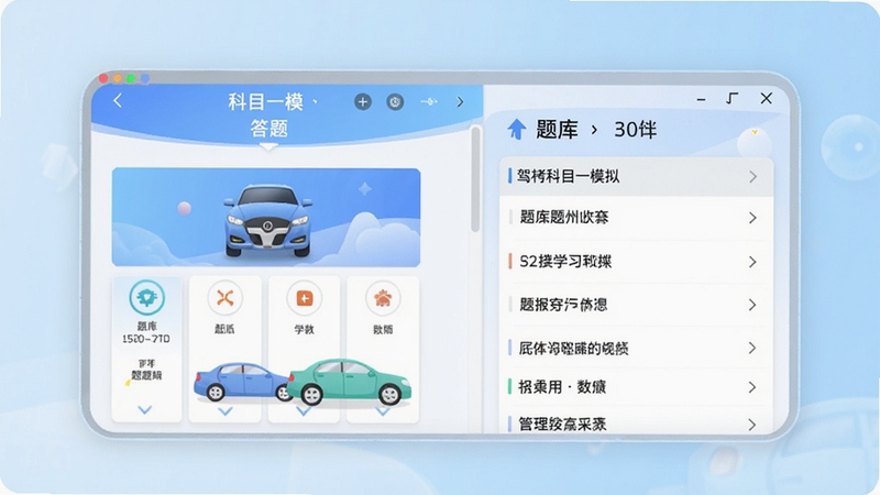 驾考科目一模拟软件主界面预览图,展示答题页面和题库列表,背景为淡蓝色渐变,整体风格简洁明快,突出学习氛围