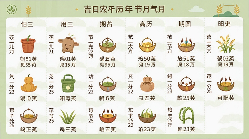 吉日农历万年历节气日历视图,展示二十四节气列表与农历日期对应关系,界面简洁明快,配有节气插画图标,背景为淡绿色,突出自然与农耕主题