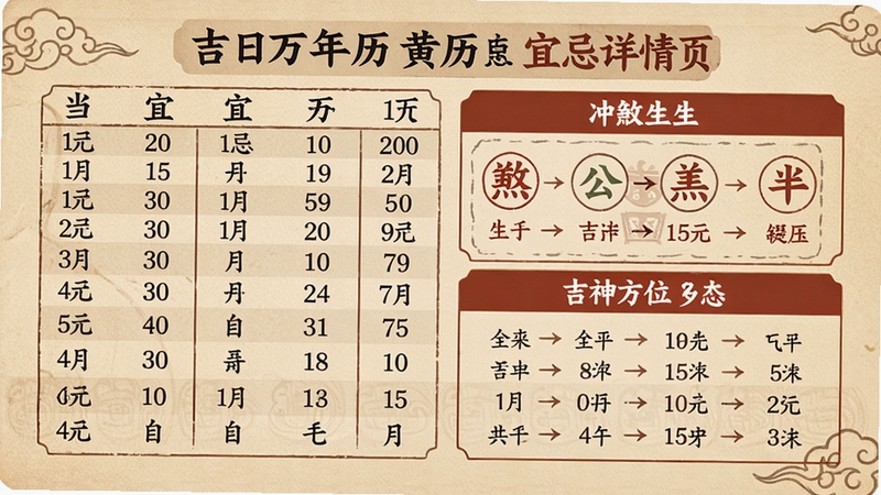 吉日农历万年历黄历宜忌详情页,展示当天宜忌列表、冲煞生肖、吉神方位,界面采用米色背景,文字清晰,排版整齐,符合传统老黄历风格