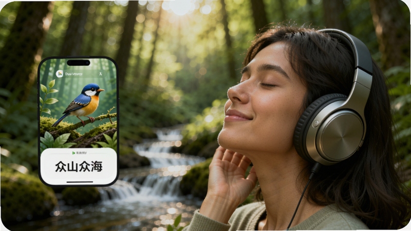 众山众海app用户使用场景图,画面为一名用户戴着耳机闭眼聆听森林鸟语与溪流声,背景是模糊的绿色森林与阳光光斑,表情放松安宁,体现产品疗愈身心的核心功能