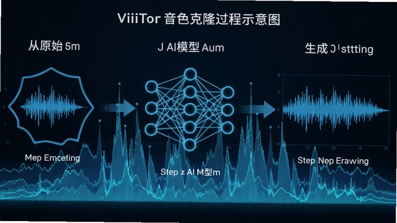ViiTor音色克隆过程示意图,展示从原始波形到AI模型生成的流程,左侧为声波采集图标,中间为神经网络结构图,右侧为生成的新声音波形,背景带有频谱线条,蓝色科技色调,清晰标注步骤,画面富有科技感
