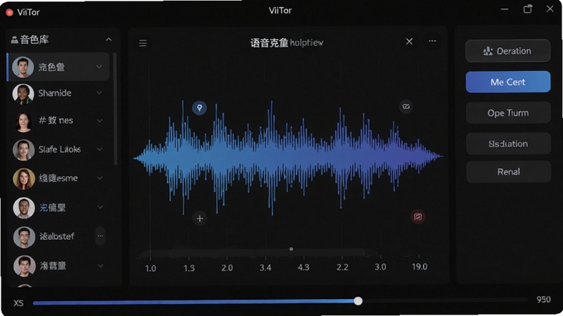 ViiTor软件主界面预览图,展示语音克隆功能面板,深色主题背景,中央为波形可视化区域,左侧音色库列表,右侧操作按钮,底部进度条,整体风格现代科技感,高清渲染,UI设计精致