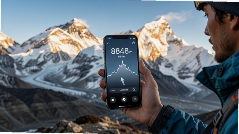 手机实时高度表户外实测场景图,一位旅行者站在山顶手持手机查看海拔数据,手机屏幕清晰显示8848米高度数值,背景是壮丽的雪山风光,阳光洒在山峰上,画面真实感强,突出应用在户外环境中的实用场景,人物与手机为画面主体。
