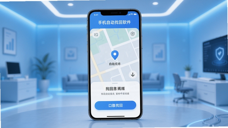 手机自动找回软件主界面展示,画面中央是一台智能手机,屏幕显示定位地图和找回功能按钮,背景为现代简约的蓝色科技感环境,光线明亮柔和,整体风格专业且友好,突出手机自动找回的智能与可靠。