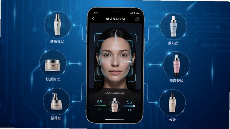丝芙兰App肤质测试功能预览图,展示手机屏幕上的AI分析界面,包含面部扫描动画和肤质评分,周边配有推荐的护肤品图标,背景为科技感十足的蓝色渐变,整体风格专业且具有未来感。