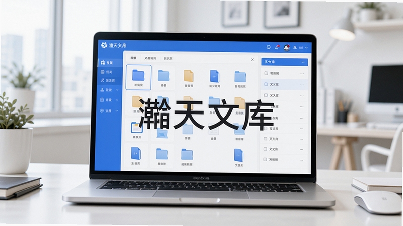 现代简约风格的办公桌面,一台笔记本电脑屏幕显示灏天文库软件界面,界面以蓝色和白色为主色调,展示着分类清晰的文件缩略图与列表,背景虚化,整体画面明亮通透,突显软件高效、整洁的核心特质,画面中央有灏天文库字样