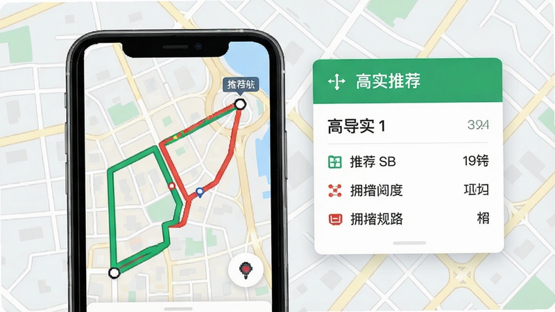 高实地图导航智能路线规划示意图,画面展示手机屏幕上的地图界面,多条彩色路线从起点延伸至终点,绿色为推荐路线,红色为拥堵路段,旁边有路线详情卡片,背景为浅色地图网格,风格简洁专业
