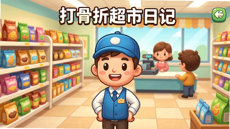 打骨折超市日记游戏主界面预览图,一个温馨明亮的超市内部场景,货架整齐排列,商品琳琅满目,一位店长模样的卡通角色站在中央,面带微笑,背景是收银台和顾客,整体风格卡通可爱,色彩鲜艳,细节丰富,适合作为游戏宣传图