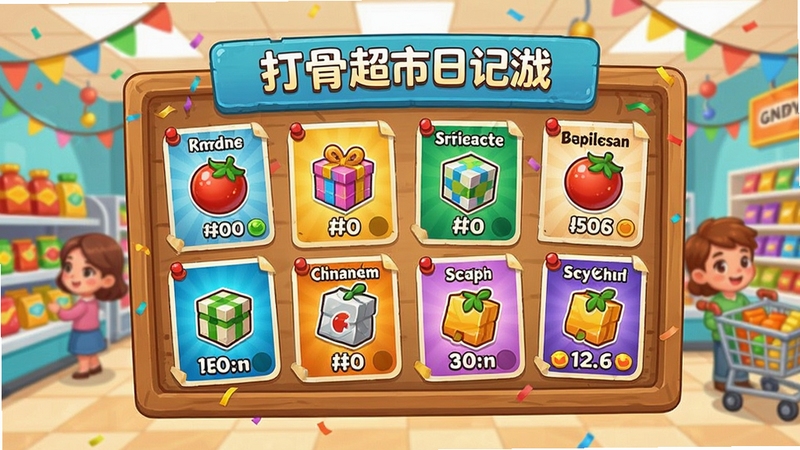 打骨折超市日记游戏更新公告界面,卡通风格的公告板上贴满了新内容海报,有新的商品和活动图标,背景是超市内部,色彩明亮,氛围喜庆,体现游戏持续更新的活力