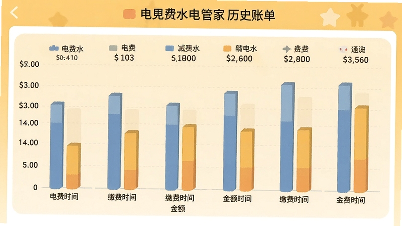电费水电管家历史账单列表页面,展示每月电费水费金额柱状对比图,背景为温馨的黄色调,界面显示详尽的缴费时间和金额数据