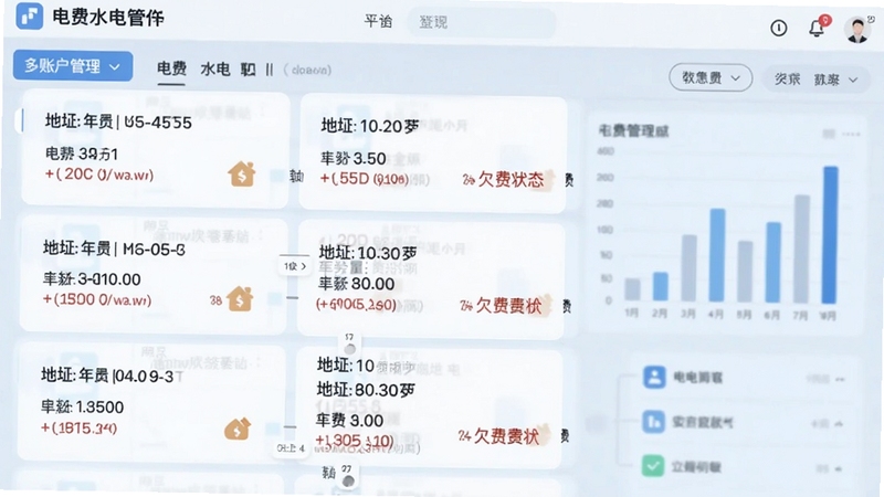 电费水电管家软件多账户管理功能界面截图,展示多个房产水电账户列表,每个卡片显示地址和欠费状态,背景为淡蓝色数据图表,体现数据清晰分类管理