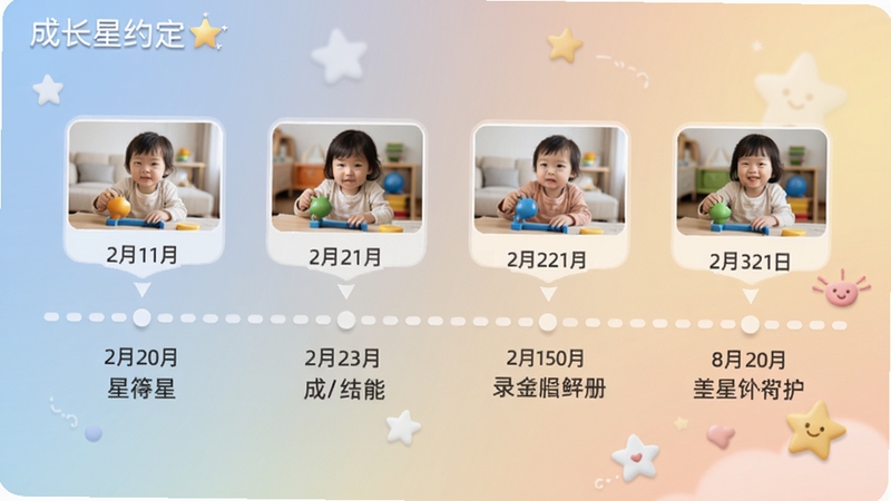 成长星约定软件成长记录相册页面预览图,界面以时间轴形式展示多张孩子活动的照片,每张照片下方有日期和简短文字,背景是柔和的渐变色彩,整体设计温馨,突出记录与回忆的功能,软件名称“成长星约定”在界面左上角显示。