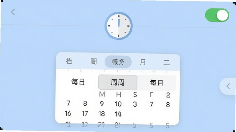 微聊天记录免费备份快的定时备份设置界面截图,画面显示日历样式的周期选择器,有每日、每周、每月选项,背景为淡蓝色设置面板,配有时钟图标和绿色开关按钮,整体简洁直观