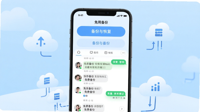 现代简约风格的应用界面展示图,画面中央是一部智能手机,屏幕显示微聊天记录免费备份快的主界面,上方有备份与恢复两个大按钮,背景为浅蓝色渐变,辅以云朵和数据图标,整体色调清新明亮,突出安全便捷的品牌形象