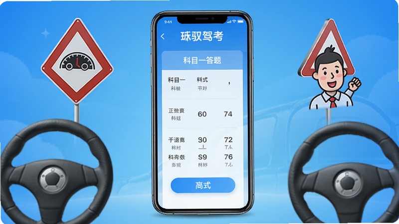 驭驾考主界面展示,手机屏幕中显示科目一答题页面,背景为简约蓝色渐变,四周有方向盘、交通标志等驾考元素点缀,整体风格明亮清晰,符合教育类应用气质。