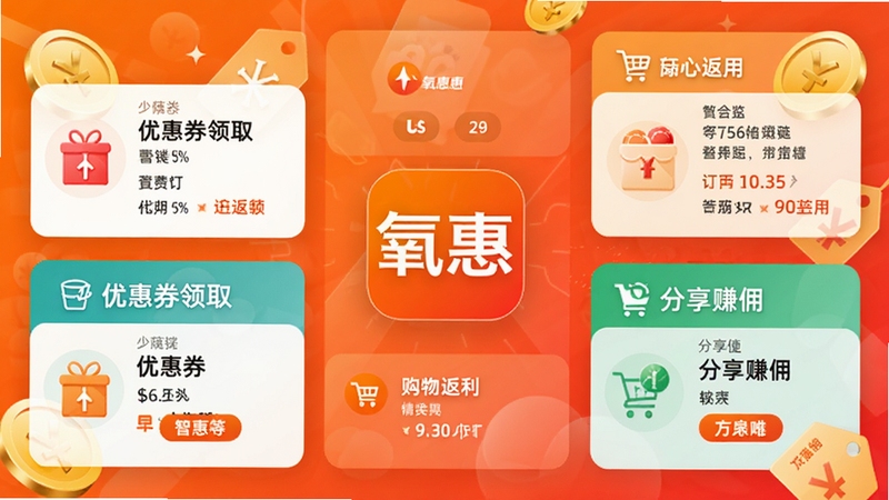 ����APP������Ԥ��ͼ��չʾ���ﷵ�����Ż�ȯ��ȡ������׬Ӷ�Ⱥ��Ĺ���ģ�飬��������Ϊ����Ʒ��Logo���������������ĳȺ�ɫ���䣬��Ͻ�����ۿ۱�ǩԪ�أ��������ִ���࣬ͻ��ʡǮ�뷵������