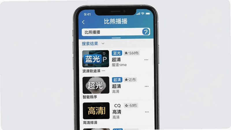 比熊播播搜索功能示意图,手机屏幕显示搜索结果列表,包含多个清晰度标签如蓝光、超清、高清,界面整洁,背景为浅灰色,突出资源聚合与智能排序特性,软件名称比熊播播展示在屏幕顶部,风格写实