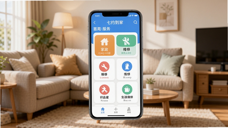 七约到家APP主界面预览图,展示首页服务分类列表,背景为温馨的客厅场景,手机屏幕居中,界面清晰显示家政、维修等图标,整体色调明亮,风格写实,突出生活服务便利性