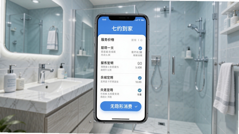 七约到家APP透明定价功能展示,手机屏幕显示服务价格明细表,背景为整洁的卫生间,强调无隐形消费,画面简洁,色调清爽,突出价格公开透明