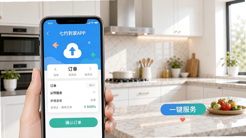 七约到家APP一键预约功能示意图,展示用户从选择服务到确认订单的流畅界面,手机屏幕显示订单详情,背景为明亮的现代厨房,强调快速响应和操作简便,画面清晰,色彩活泼