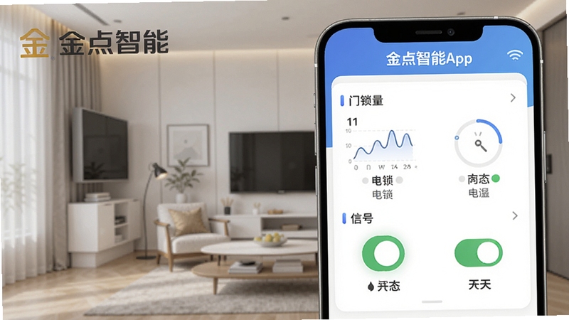 金点智能App的远程控制界面,显示门锁电量、信号和开关状态,背景是智能家居场景,带有金点智能品牌标识,界面设计清晰直观,数据可视化图表展示。